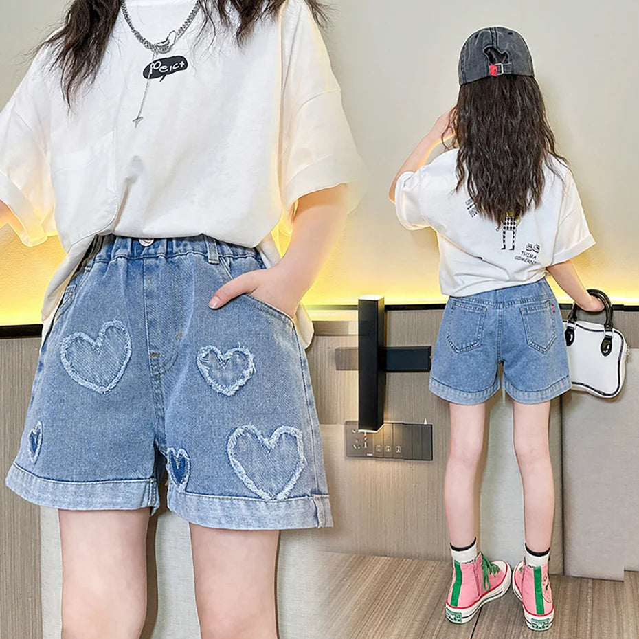 Girls Denim Short Heart Pattern Jeans For Girls Summer Children Jeans Casual Style Kids Clothes 6 8 10 12 14