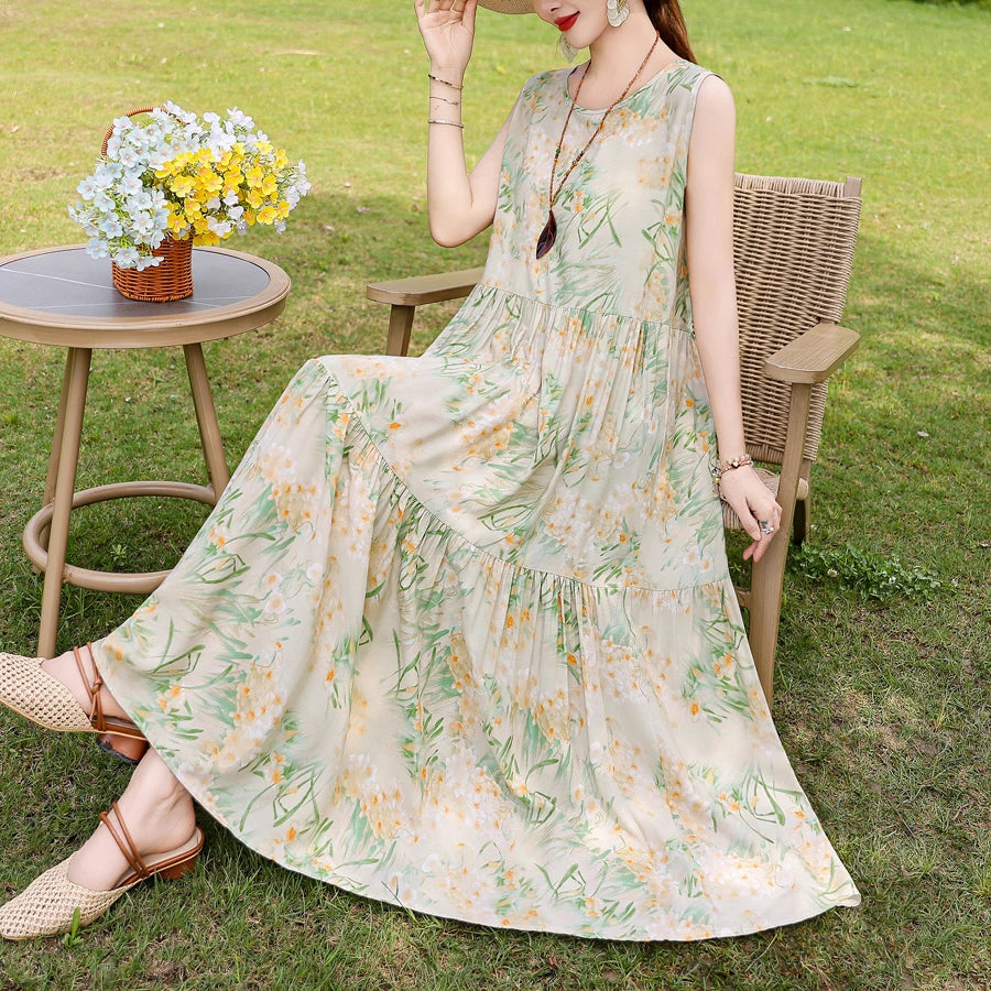 New Fashion Boho Long Dress for Women O-Neck Sleeveless Print Large Beach Long Dress Elegant Women's Dress 2024