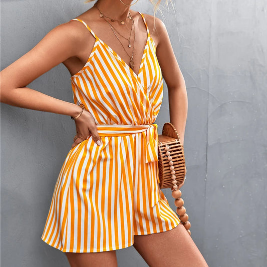 Casual Sleeveless Sashes Belt Dress Summer Sexy V-neck Suspender Jumpsuit Women Fashion Backless Yellow Striped Dresses Vestidos