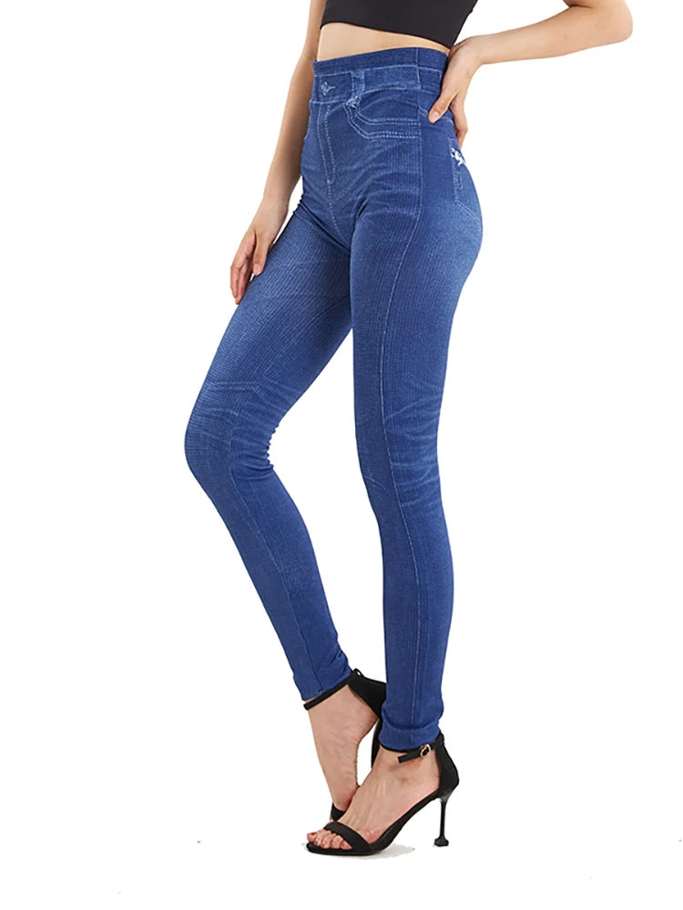 LJCUIYAO Solid Color Fake Zip Print Jeans Ladies Plus Size Jeggings Soft False Denim Yoga Long Pants Women Stretchy Leggings