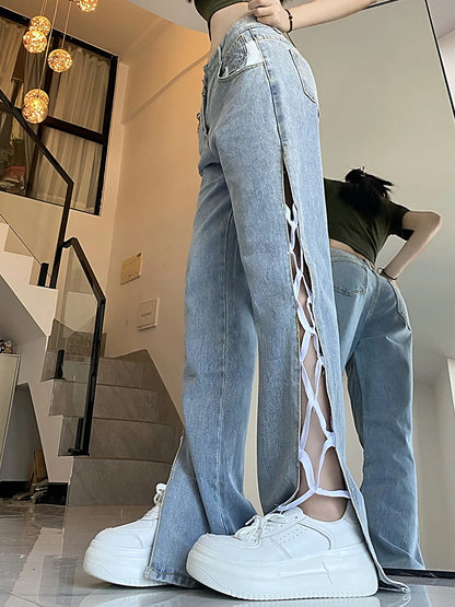 Female High Waist Wide Leg Y2K Lace Up Loose Jeans Girls Irregular Strap Punk Streetwear Denim Pants Split Micro Flared Pants