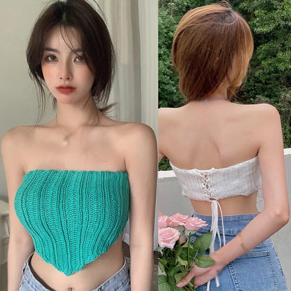 Women's V-Neck Knitted Crochet Camisole Sexy Spaghetti Strap Bikini Crop Tops Summer Hollow Out Tank Tops