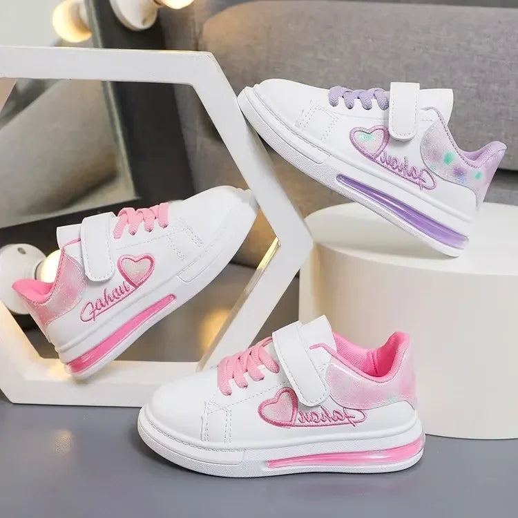 Children's Sneakers 2024 New Girls Love Embroidery Casual Shoes Fashion Leather Kids School Running Sports Shoes Soft Hook Loop