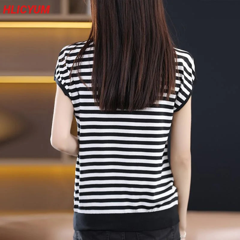 Women's T-shirt Summer New Solid Color Sweater Short Sleeve Casual Knit Round Neck Ladies Tops Blouse Overside Tees