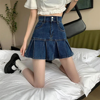 Vintage Blue Denim Pleated Skirt Women Y2K High Waist Ruffle All Match Mini Skirt Ladies Korean Streetwear A Line Jean Skirts