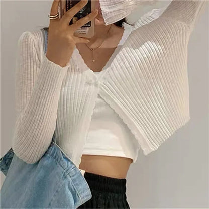 2024 Summer Ice Silk Sexy Women V Neck Button Long Sleeve Cropped Knitted Loose Sweater Tops Fashion Women Cardigan