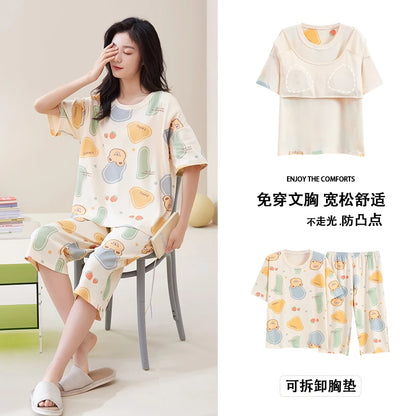 Summer Short Sleeve Sleepwear With Chest Pad 100%Cotton Women Pajamas Set Female Casual Pijamas Mujer