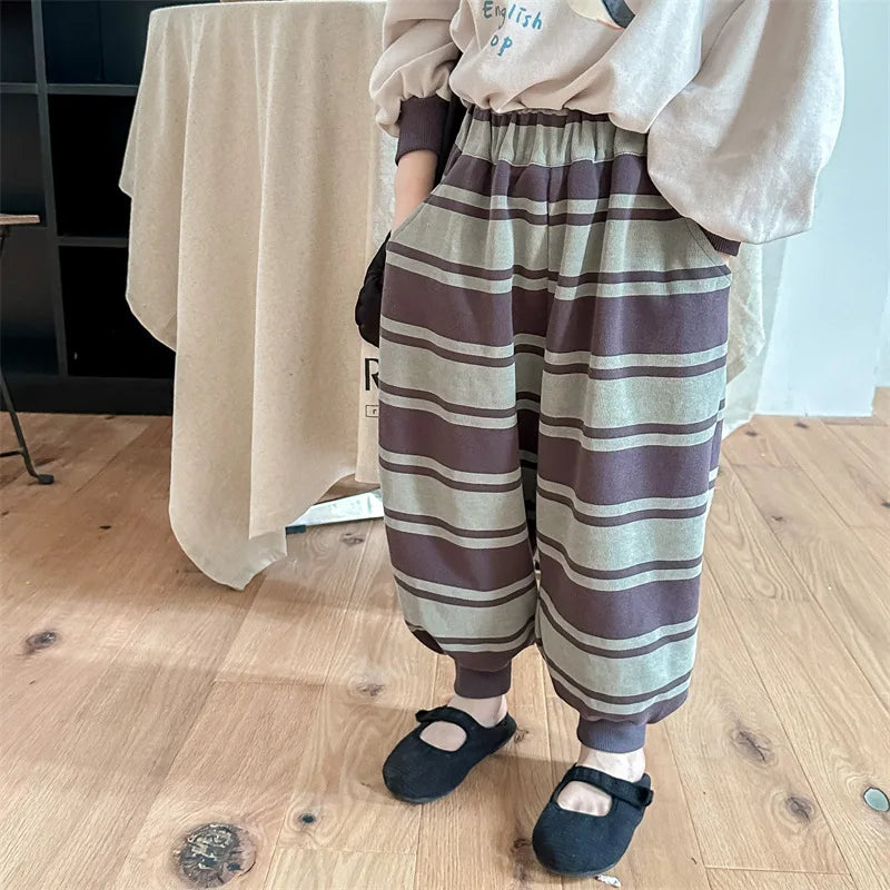 Korean style Spring Kids pants Boys fashion striped sweatpants Girls soft loose sports Trousers