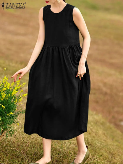 ZANZEA 2024 Summer Women Crew Neck Sleeveless Cotton Dreeses Casual Loose Dress Vintage A-line Vestidos Holiday Baggy Midi Robes