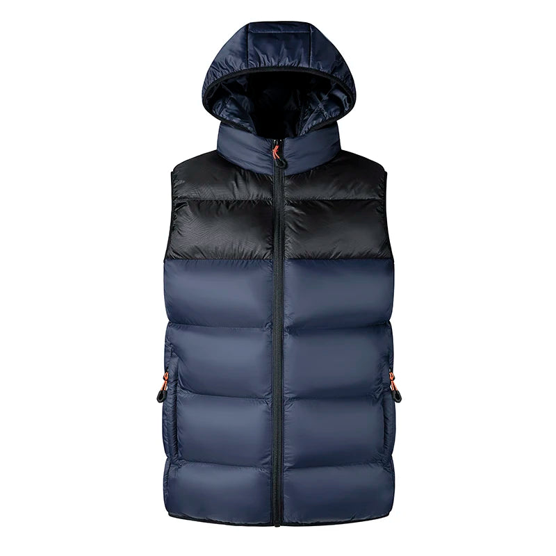 2024 Men Patcwork Sleeveless Down Hooded Vests Jackets Hot Fashion Male Outdoor Winter Casual Waistcoat Windproof Jacket