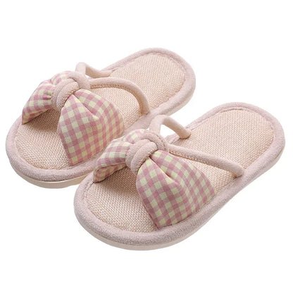 Children Linen Slippers Korean Bow Open Toe Girls Shoes Spring Summer Comfort Soft Sole Home Shoes Indoor Non-slip Floor Slipper