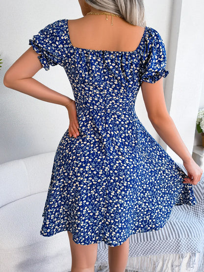 Spring Summer Square Collar Floral Ruffles Mini Dress Women Casual Flare Sleeves Drawstring Lace up Print A Line Dress