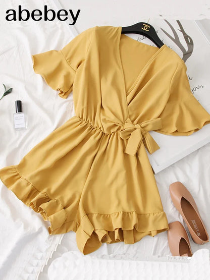 Women Rompers casual wide leg pants overalls short sleeve v neck solid playsuits summer beach chiffon ruffle jumpsuits