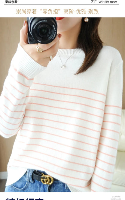 100% Cotton Knitted Sweater Women's Sweater Striped Color Matching Round Neck Large Size Loose Temperament Long Sleeve Bottoming