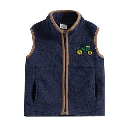 Kids Winter Warm Sleeveless Stand Collar Zip Up Tractor Embroidery Fleece Vest Jacket for Boys Casual Outdoor Coat