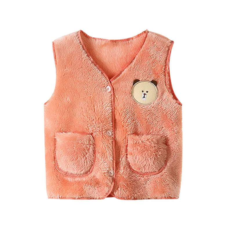 2022 Autumn Winter Girls Boys Warm Fleece Vest Baby Toldder Kids Children Soft Waistcoat Cartoon Bear Design