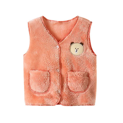 2022 Autumn Winter Girls Boys Warm Fleece Vest Baby Toldder Kids Children Soft Waistcoat Cartoon Bear Design