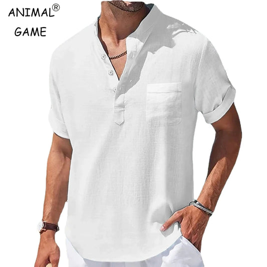 New Men's Casual Stand Up Collar Summer Solid Color Short Sleeve Linen Shirt Trendy Breathable Loose Youth Basic Pocket Top