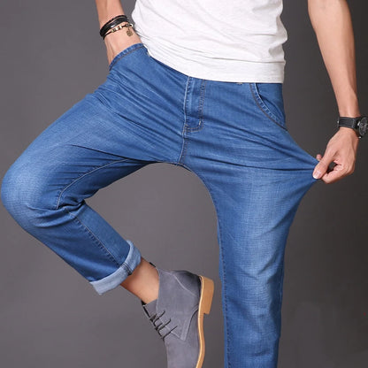 2023 Summer Classic Men Thin Denim Jeans Lightweight Cotton Elastic Medium high waist Fit Straight Youth Simple Casual Trousers