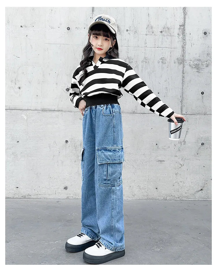 Teenager Girls Wide Leg Cargo Jeans School Young Children Trousers Spring Autumn New Fashion Kids Denim Pants 6 8 10 12 14 Years