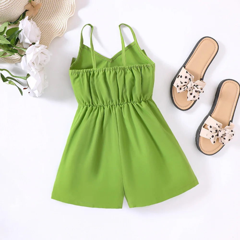 New Girls' Summer Solid Strap Bow Short Jumpsuit for Primary and Secondary School Children