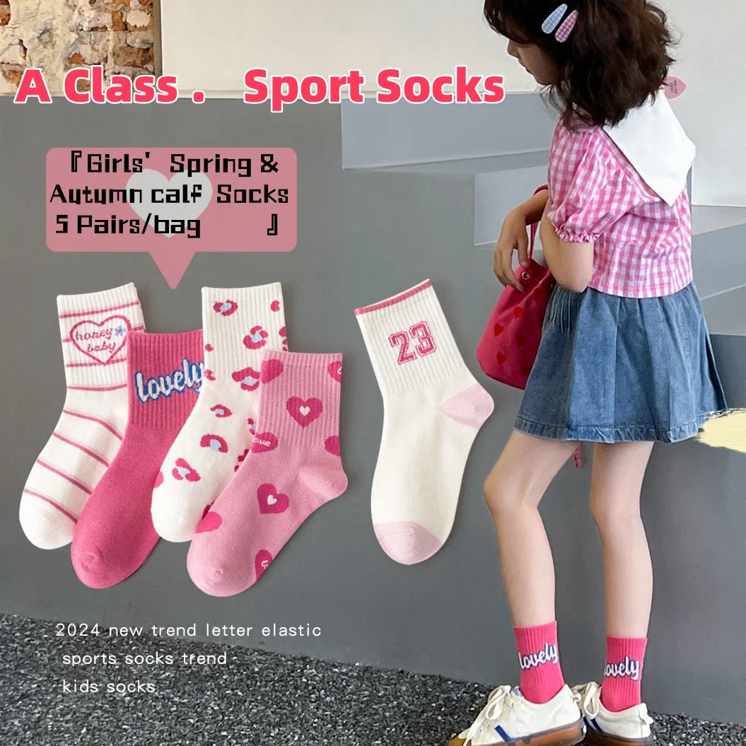 5 Pairs Children's Socks Girls Boys Trendy Pattern Sport Sock Autumn Kids Mid-calf Socks Cotton Socks