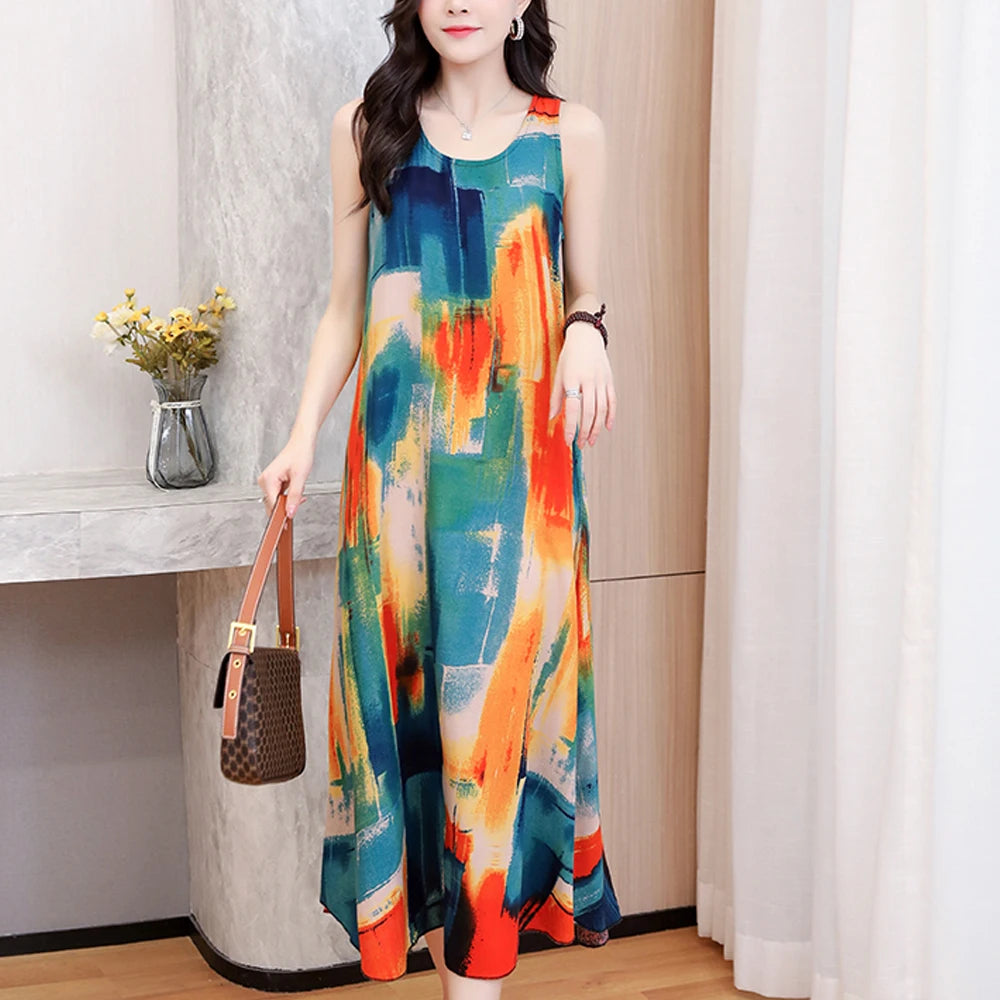 New Fashion Casual Summer Dress For Women Long Style Loose O-Neck Women Clothes Print Women Clothing Dresses 2023