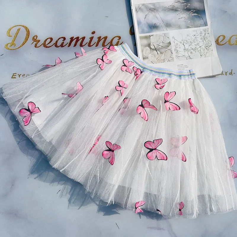 Summer Girls Mesh Skirt Pastoral Three-dimensional Butterfly New Cute Toddler Girl Tutu Skirts Korean Fashion Tulle Skirt