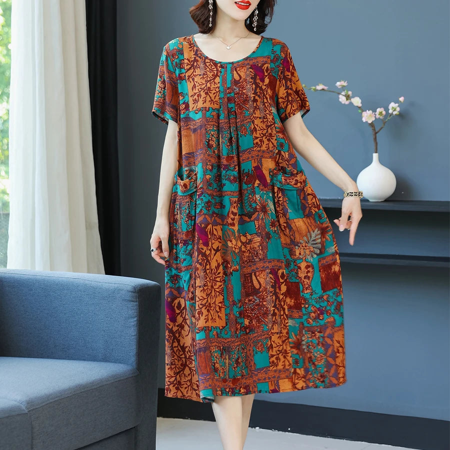 2024 O-Neck Floral Print Boho  Dress Short Sleeve Dress Sundress Robe Women Dresses Summer plus size dress