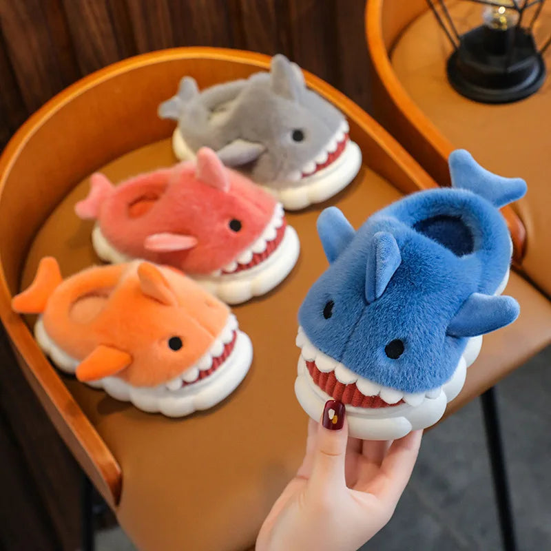 Children's Cotton Slippers Autumn And Winter Waterproof Home Indoor Anti Slip Boy Cute Shark Pattern Baby Cotton Slippers