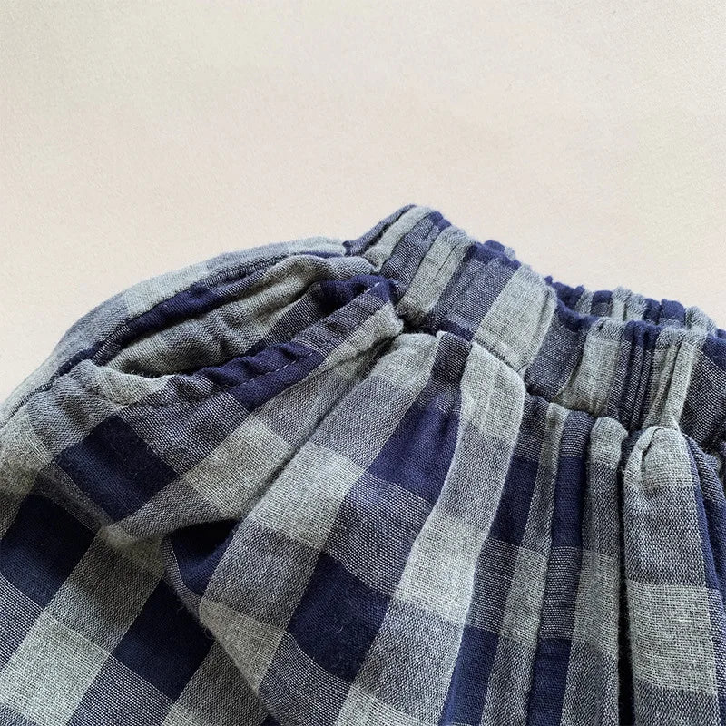 Children's Retro Blue Plaid Trousers 2024 Spring Autumn New Korean Boys And Girls Double-Layer Cotton Casual Harem Pants WTP121