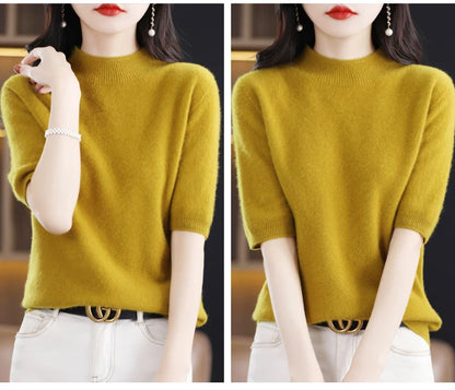 Fashion Half Short Sleeve 100% Merino Wool Sweater Basic Mock-Neck  Cashmere Women Knitted Top  Pullover Clothing Tops