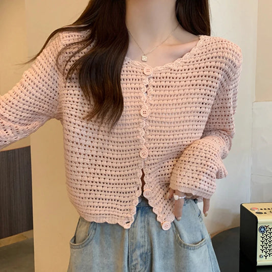 HELIAR Women Buttons Up Short Cardigan Coat Knitted Hollow Out Smock Top Long Sleeved Thin Summer T-shirt Ruffles Casual Shirt