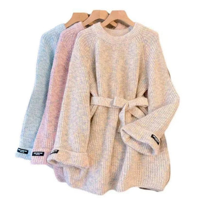 Elegant Matching Office Lady's Knitted Dress Korean New In Women's Sweater Dress Sash O-Neck Long Sleevet Pullover Chic Knitwear