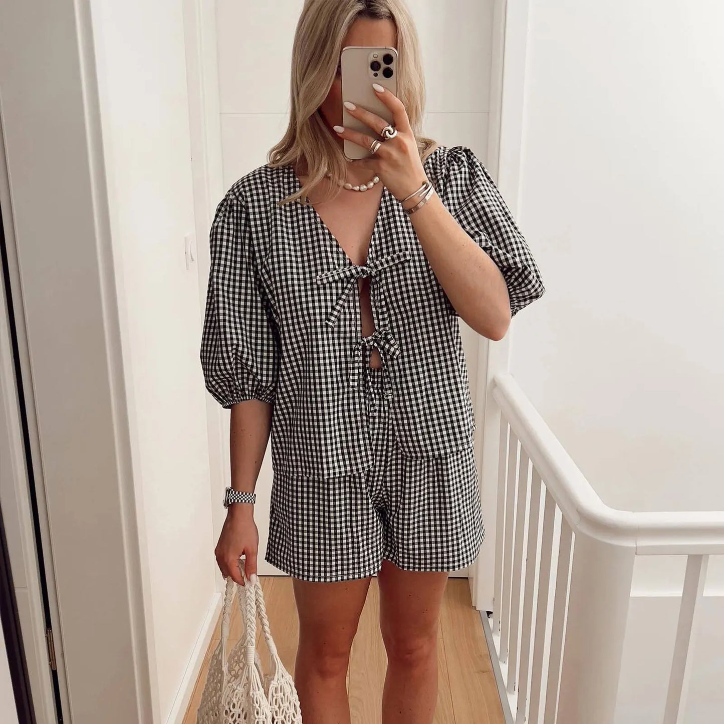 TRAFZA Summer Women Plaid Shirt Shorts Suit Lace Up Short Sleeve V Neck Blouse Top Elastic Waist Pant Y2k Female Streetwear Sets