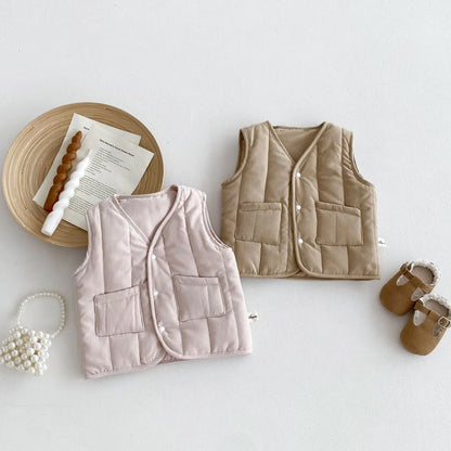 2024 Autumn New Baby Solid Color Sleeveless Jacket Cotton Kids Warm Vest Girls Single Breasted Coat Toddler Boys Waistcoat