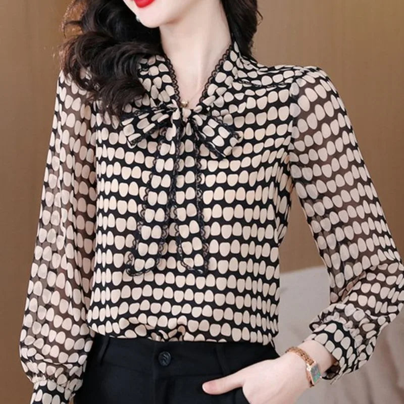 Korean Simplicity Summer New Women's V-Neck Bow Polka Dot Lacing Fashion Office Lady Long Sleeve Loose Chiffon Shirt Tops