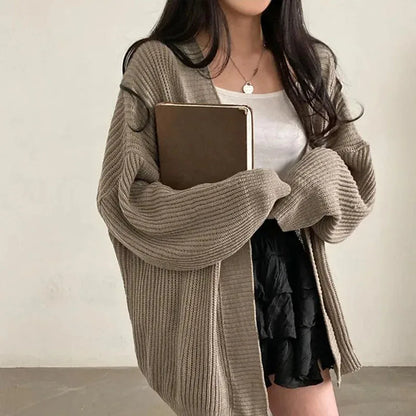 Zoki Harajuku Oversize Cardigan Sweater Women Casual Loose Lazy Wind Korean Tops Vintage Long Sleeve Lady Simple Design Cardigan