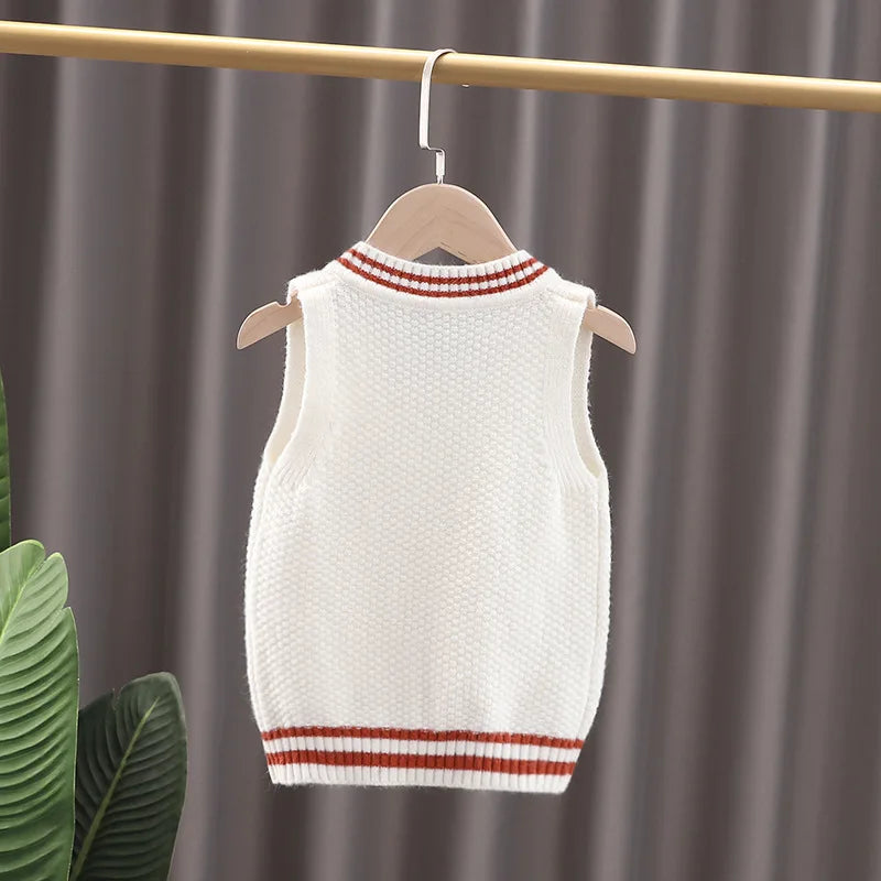 Spring Autumn Baby Boys Waistcoat Cartoon Bear V-collar Knitted Infant Boy Vest Kid Boy Ribbed Preppy Style Sleeveless Pullovers