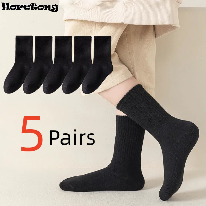 Horetong 5 Pairs/Lot Children Socks Boy Girl Fashion Cotton Black Soft Breathable For Over 3 Years Old Kids Casual Student Socks