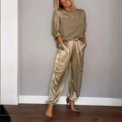 2024 Summer Elegant Women's Smooth Satin Set Street Scenery Smooth Satin Half Sleeve Shirt Casual Pants Sports Two Piece Set