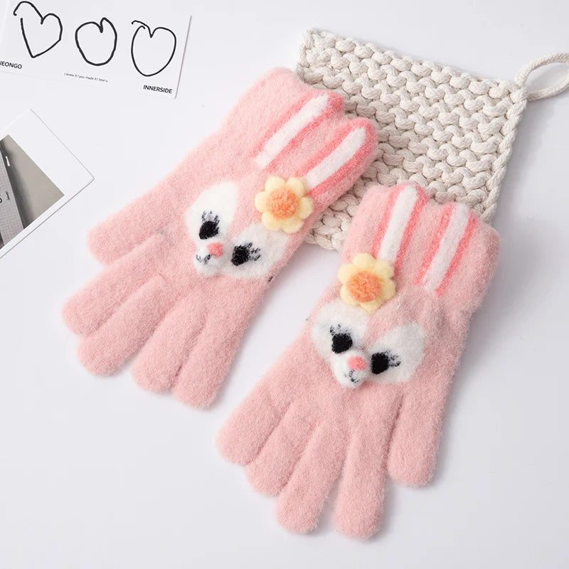 5-12 Years Winter Children Girl Gloves Knitted Warm Soft Cartoon Rabbit Full Finger Gloves Kids Outdoor Lovely Girl Mittens