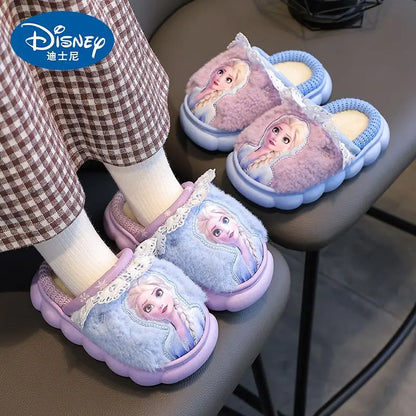 Disney Princess Elsa Frozen Slippers for Girls in Autumn Winter Indoor Warmth Non slip Children's Plush Cotton Blue Purple Shoes