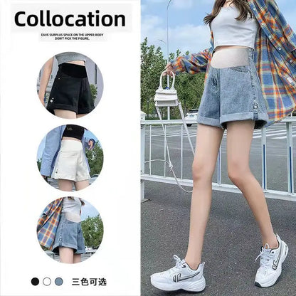 New Maternity Summer Shorts Women's Denim Clothing Japanese and Korean Pregnant Women Wide Leg Shorts Jeans Loose Denim Shorts