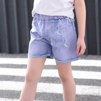 Girls Shorts Jeans Kids Eastic Band Short Pant 2024 Summer 2 To 12 Yrs Children's Clothing Teenagers Cartoon Embroidery Trousers