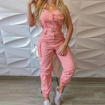 Fashion Strap Jumpsuit Women Loose Dungarees Long Rompers Summer Solid Pockets Cargo Pants Female Casual Work Out Playsuits