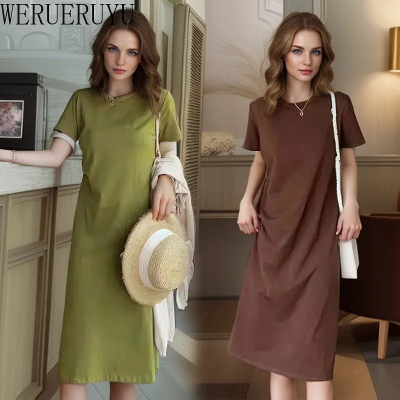 Harajuku Casual Summer Y2k Dress Womans Clothing Korean Fashion Loose Folds Short Sleeve Knitted Long Dresses for Women 2024 New