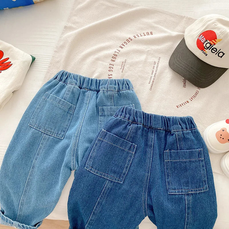 Children Jeans 1-7Years Toddler Boy Girl Soft Denim Long Pants Elastic Waist Solid Color Harem Pant Trouser Autumn Clothes