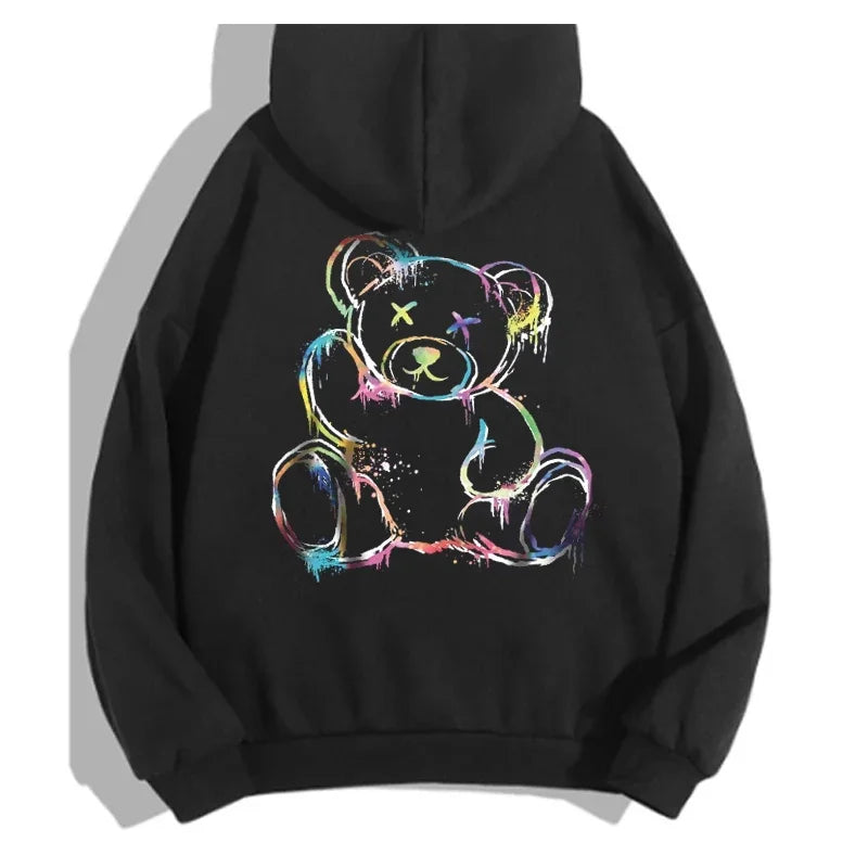 Cartoon Colorful Bear Printed Drawstring Hoodie Women's Casual Long Sleeve Fleece Hoodie Fashion High Street Y2K Women's Wear