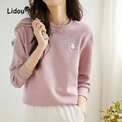 Autumn New Solid Color Embroidered Sweatshirts Women Classic Long Sleeve O-collar All-match Loose Fashion Comfortable Top 2022